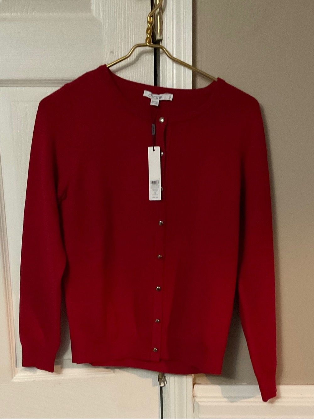 Chico's Red Crewneck Button Cardigan